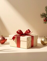 Elegant Gift Box with Red Ribbon Festive Still Life for Holiday Season
