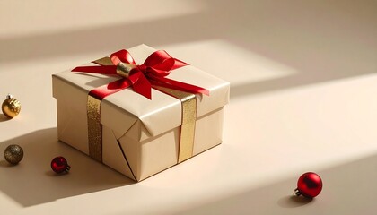 Elegant Gift Box with Red Ribbon and Ornaments on Beige Background