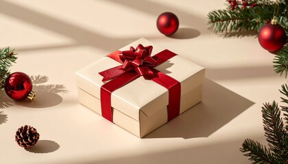 Holiday Gift Box with Red Ribbon Surrounded by Festive Ornaments