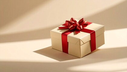 Elegant Gift Box with Red Ribbon on Beige Background - Festive Celebration