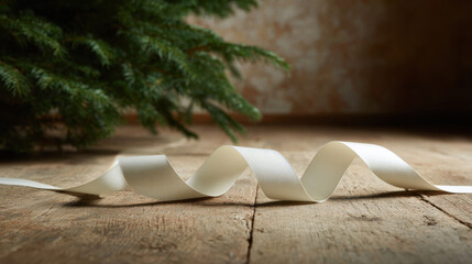 delicate white ribbon elegantly drapes across rustic wooden floor complementing lush green christmas tree