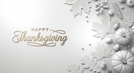 Elegant Happy Thanksgiving Background with White Pumpkins, Leaves & Fall Acorns for Holiday Decor