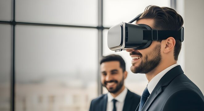 Immersed in Innovation A Man's Smile with VR Headset, Surrounded by Modern Technology