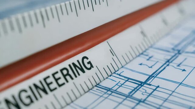 Mechanical engineering consulting tools with precise ruler measurement and detailed blueprint design for technical project planning and support