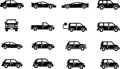Set of black car silhouettes including sedan, sports car, SUV, pickup truck, electric vehicle and hatchback, vector illustration isolated on white background for transport design.