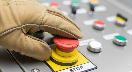 Hand in Glove Pushing Red Stop Button on Industrial Machinery Control Panel