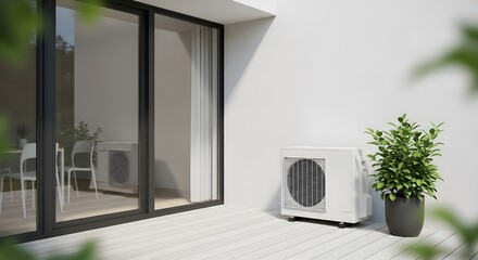 Fototapeta premium Modern home exterior with heat pump and stylish patio featuring minimalist design