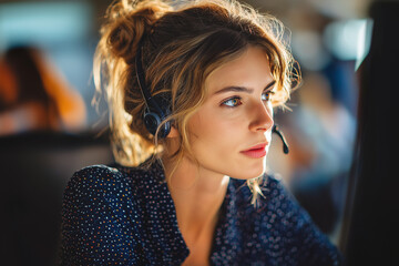 Young woman in headset focused on computer screen. Perfect for tech support, virtual call center, online learning or remote work concepts.