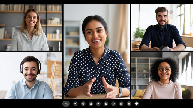 Five individuals engaged in a virtual video conference call. Perfect for illustrating remote work, telecommuting, online collaboration, and webinars. - Powered by Adobe