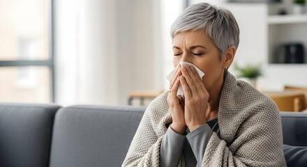 Mature woman with a cold blowing her nose while sitting on her couch at home