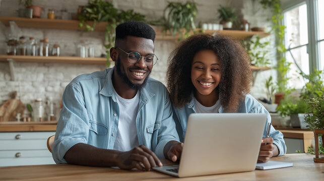 Smiling couple works on a laptop in their modern kitchen. Perfect for technology, entrepreneurship, home office, virtual meetings, and lifestyle concepts.