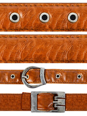 Seamless isolated photo of light brown leather straps with stitches and buckles.
