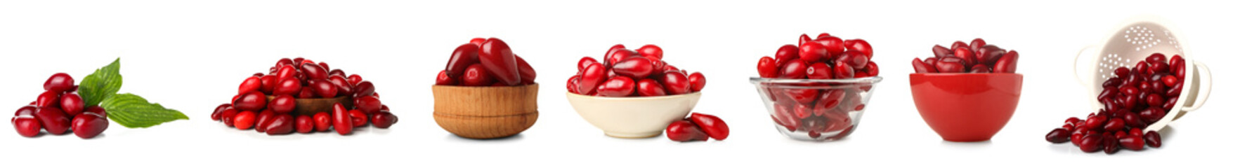Set of ripe dogwood berries on white background