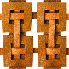 Seamless isolated photo of light brown leather braided armor straps grid on white background.