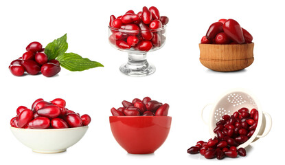 Set of ripe dogwood berries on white background