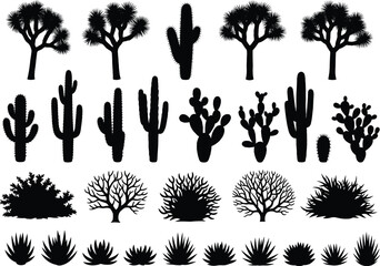 Set of desert plant silhouettes featuring cactus, joshua tree, agave, and shrubs, black vector illustration isolated on white background for western landscape design. © miss