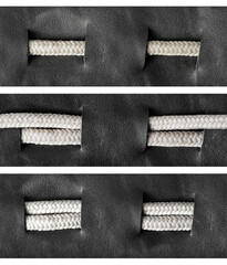 Seamless isolated photo of black leather straps with braided rope inserts or stitches.