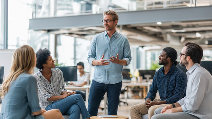 Motivational speaker engrosses coworkers in a contemporary office setting. Suitable for presentations, team meetings, corporate training materials, and office themed designs.