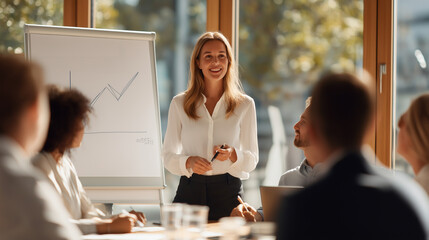 Businesswoman giving a presentation at a bright office meeting, suitable for business presentations, teamwork concepts, corporate meetings, and finance.