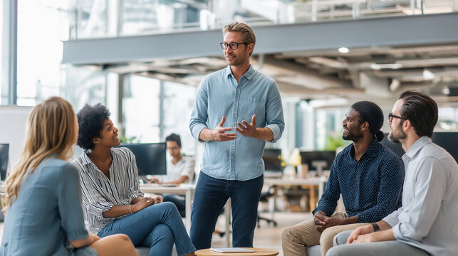 Motivational speaker engrosses coworkers in a contemporary office setting. Suitable for presentations, team meetings, corporate training materials, and office themed designs.