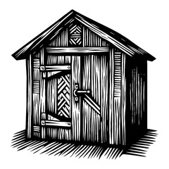 Rustic Wooden Shed Outhouse Hut in Vintage Black and White Outline Line Art Drawing Engraved Style