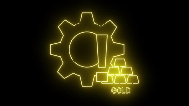 Neon gear stack of gold bars and text GOLD all glowing bright yellow against a solid black background