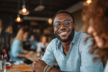 Smiling man in glasses at cafe suitable for lifestyle blogs, social media posts, business presentations, and promotional materials featuring urban scenes.