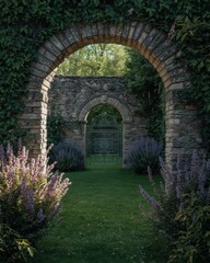 Obraz premium A serene garden archway with lush greenery and a glimpse of a gate, a peaceful scene
