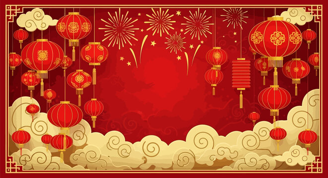 Chinese New Year Background with Red Lanterns and Fireworks