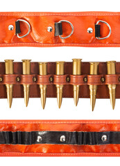 Seamless isolated photo of orange and brown colored leather cartridge bullet belt straps.