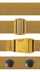 Seamless isolated photo of military khaki olive synthetic nylon cloth belts or straps with plastic holders, rivets and buckles on white background.