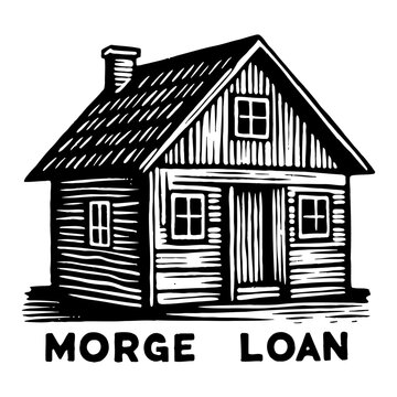 Rustic Old Wooden House Cabin with Chimney and MORGE LOAN Text Black and White Outline Line Art Drawing
