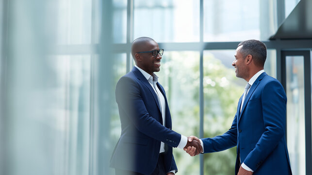 Two businessmen shake hands in an office lobby. Suitable for business, partnership, teamwork, success, negotiation, corporate, handshake, agreement concepts.