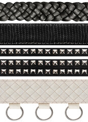 Seamless isolated photo of various black and white colored leather rocker or gothic straps with metal elements and stitches.
