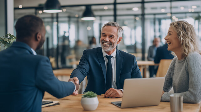 Business professionals shaking hands in an office meeting. Suitable for business presentations, corporate websites, promotional materials, and team collaboration concepts.