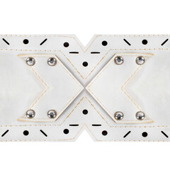 Seamless isolated photo of white leather ornate belt strap with pattern and steel rivets.