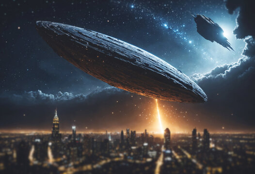 dark alien spacecraft hovering over a night city, fictional science fiction