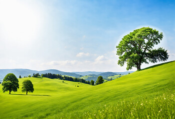 Obraz premium large solitary tree standing on a lush green rolling hill under a bright blue sky in spring