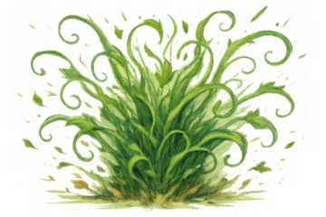 Lush green plant bursting from the ground, illustrating new growth, magical energy, and a spell or fantasy element with a transparent background