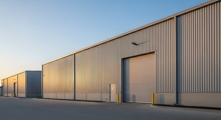 Fototapeta premium Sleek Silver Industrial Warehouse Complex Exterior Architecture in Sunlight