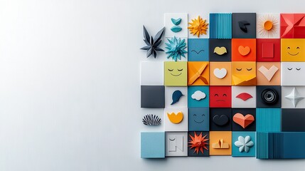 A vibrant grid of square tiles displays a variety of abstract shapes, simple faces, and icons in different colors and textures.