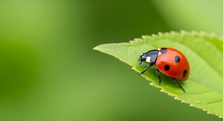 Fototapeta premium Macro close-up of a ladybug on the leaf, green background, nature wildlife beauty