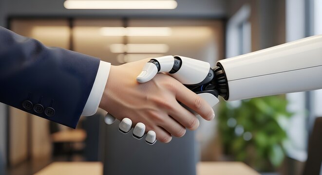 Human-Robot Handshake Symbolizing Collaboration, Technology, and the Future of Work