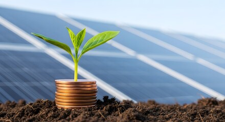 Green Finance Sprout Growing from Coins with Solar Panels in Background