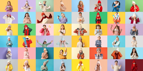 Group of children in stylish winter outfit on color background