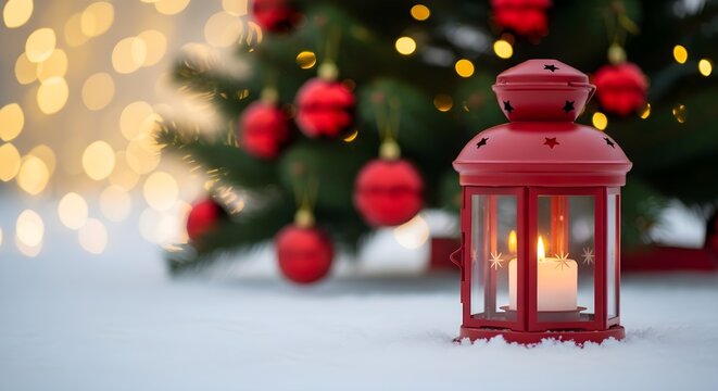 Holiday Magic Red Lantern Glows Beneath Christmas Tree in Snowy Festive Scene