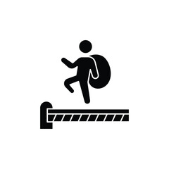 Black silhouette of a person jumping over a gap in a split staircase, symbolizing overcoming obstacles or a trap.