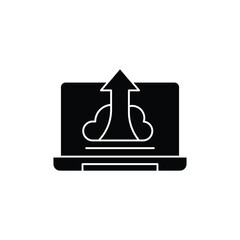 Laptop with an upward arrow and cloud shapes symbolizing data upload or cloud computing.
