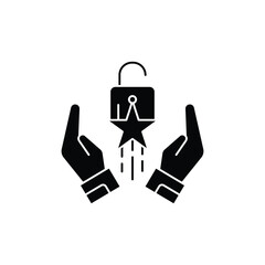 Black icon of hands holding an open padlock with a star launching upwards, symbolizing unlocked potential and success.