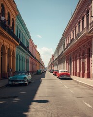 Fototapeta premium A vibrant street scene in Havana Cuba with colorful buildings and classic vintage cars